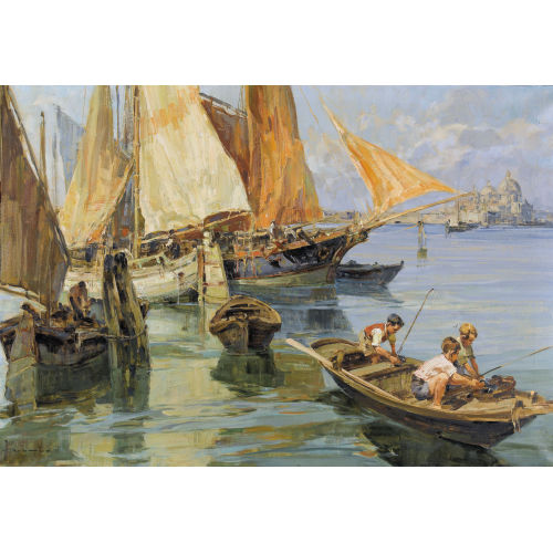 ANGELO BROMBO : Fischende Kinder in der Lagune von Venedig (DOBIASCHOFSKY AUKTIONEN AG)