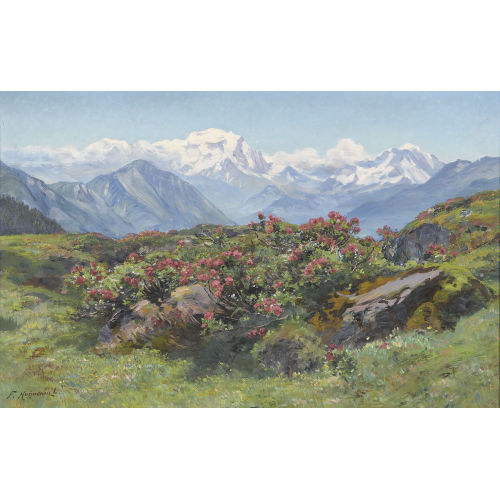 FRITZ-EDOUARD HUGUENIN-LASSAUGUETTE : Sommerliche Alp mit Blick auf den Mont-Blanc (DOBIASCHOFSKY AUKTIONEN AG)
