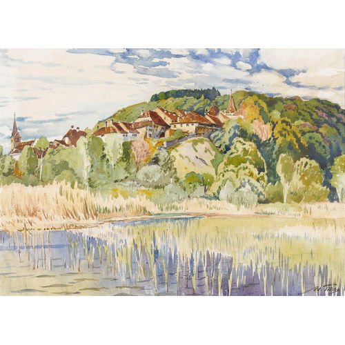 ADOLF TIECHE : Sommerliches Bielerseeufer mit Erlach (DOBIASCHOFSKY AUKTIONEN AG)