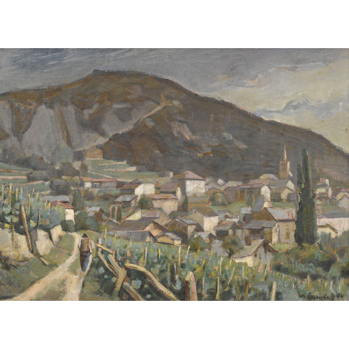 HANS EGGENBERG : Walliser Landschaftspartie mit Dorf (DOBIASCHOFSKY AUKTIONEN AG)