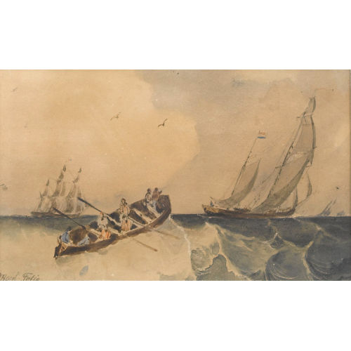ANTOINE LEON MOREL-FATIO : St�rmische See mit Ruderboot und Segelschiffen (DOBIASCHOFSKY AUKTIONEN AG)