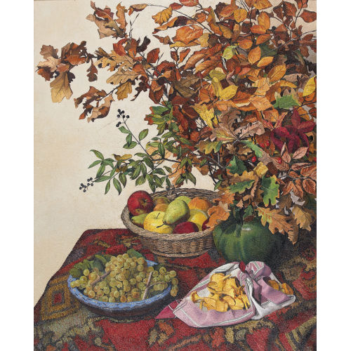 PIERRE JAQUES : Herbststillleben mit Zweigen, Fr�chten und Eierschw�mmchen (DOBIASCHOFSKY AUKTIONEN AG)