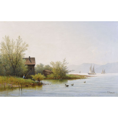 LOUIS MENNET : Sommerliche Uferpartie am Genfersee mit Angler (DOBIASCHOFSKY AUKTIONEN AG)