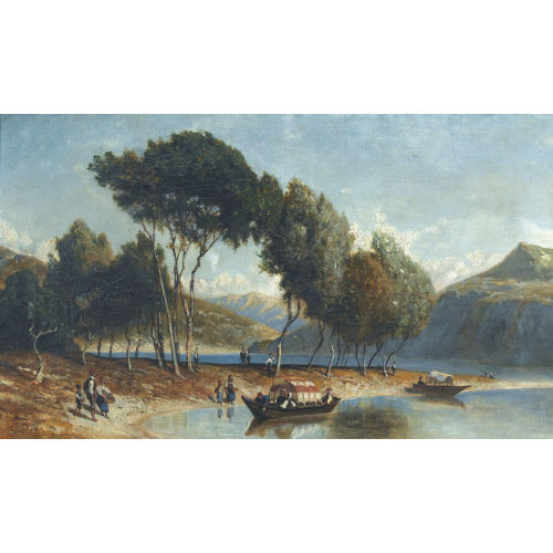 KARL GIRARDET : Sommerliche Flusslandschaft mit Barken und Staffage (DOBIASCHOFSKY AUKTIONEN AG)