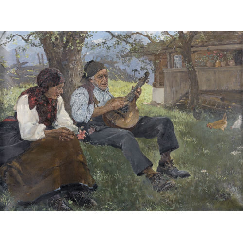 ERNST BREITENSTEIN : Altes musizierendes Bauernpaar unter einem Baum (DOBIASCHOFSKY AUKTIONEN AG)