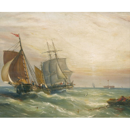 EBENEZER COLLS : Segelschiffe auf bewegter See bei Sonnenuntergang (DOBIASCHOFSKY AUKTIONEN AG)