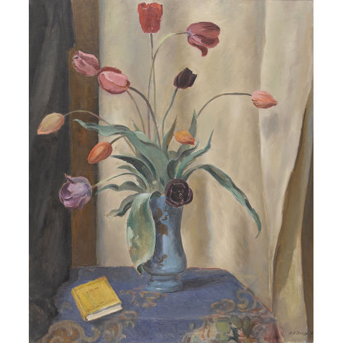 HANS ARNOLD DAEPP : Stillleben mit Tulpen in blauer Vase (DOBIASCHOFSKY AUKTIONEN AG)