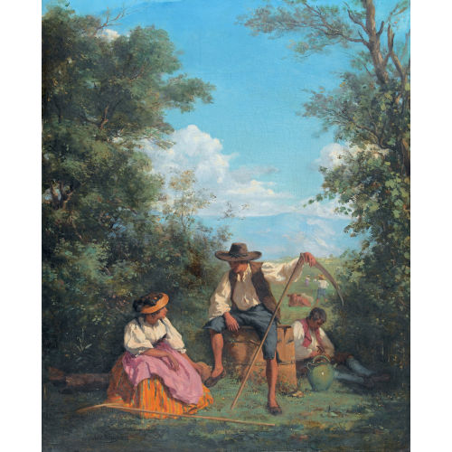 ARMAND HUBERT SIMON LELEUX : Idyllische Heuernte beim Sal�ve (DOBIASCHOFSKY AUKTIONEN AG)