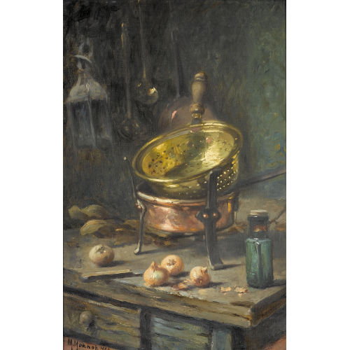 MAURICE LOUIS MONNOT : Stillleben mit Zwiebeln, Kupfer- und Messinggeschirr (DOBIASCHOFSKY AUKTIONEN AG)