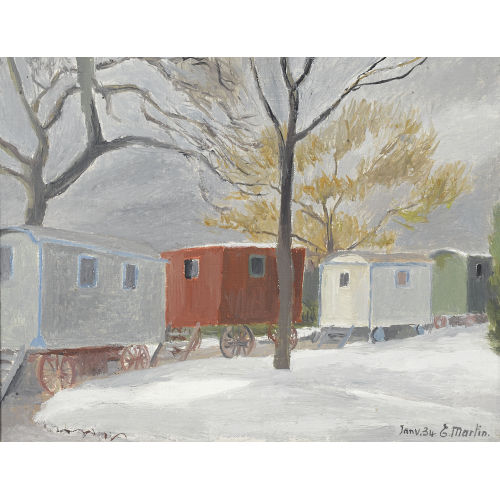 EUG╘NE LOUIS MARTIN : Winterlandschaft mit Schaustellerwagen (DOBIASCHOFSKY AUKTIONEN AG)