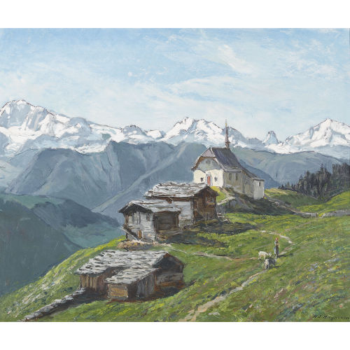 HENRI �DOUARD HUGUENIN-VIRCHAUX : Bettmeralp mit Mischabel, Matterhorn und Weisshorn (DOBIASCHOFSKY AUKTIONEN AG)