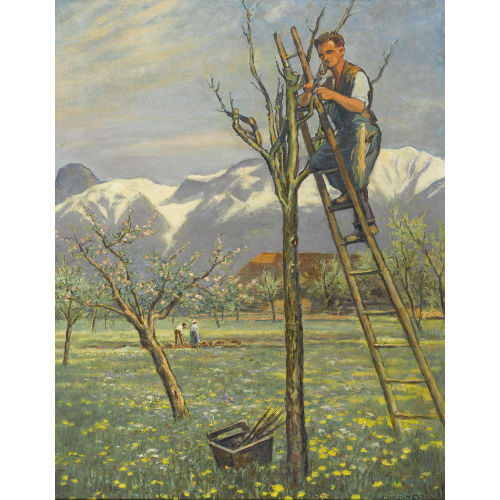 GOTTFRIED L�SCHER : Fr�hlingslandschaft mit Obstb�umen und Bauern (DOBIASCHOFSKY AUKTIONEN AG)