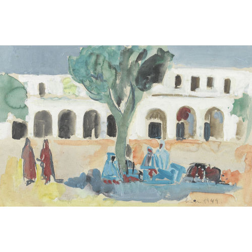 CARL WALTER LINER : Orientalischer Dorfplatz mit Rastenden (DOBIASCHOFSKY AUKTIONEN AG)
