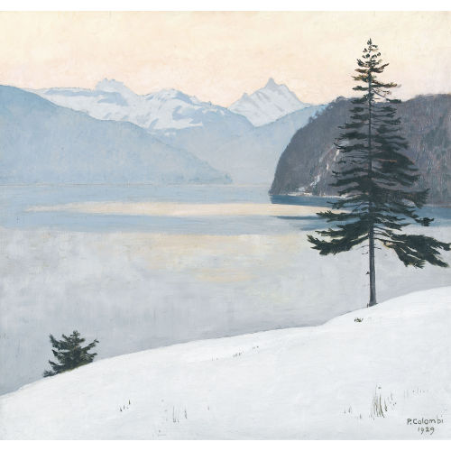 PLINIO COLOMBI : Winterliche Thunerseelandschaft mit dem Schreckhorn (DOBIASCHOFSKY AUKTIONEN AG)