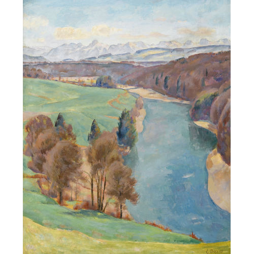 EDUARD BOSS : Aare bei Bremgarten mit Alpensicht (DOBIASCHOFSKY AUKTIONEN AG)