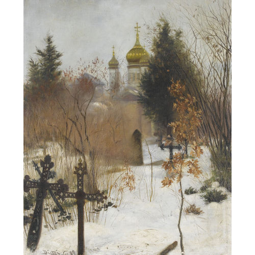 HANS DIETZI : Verschneiter Friedhof mit orthodoxer Kirche (DOBIASCHOFSKY AUKTIONEN AG)