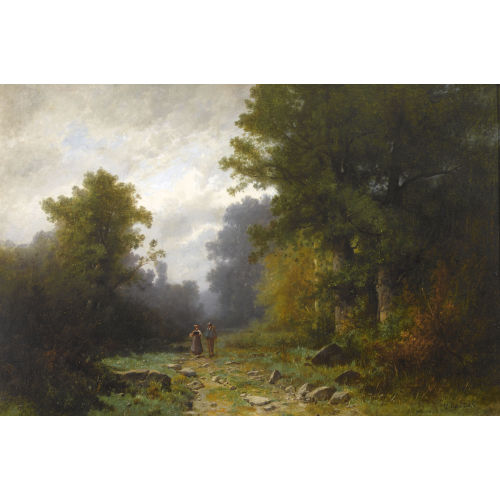 GUSTAVE EUG╘NE CASTAN : Romantischer Waldweg mit einem Paar (DOBIASCHOFSKY AUKTIONEN AG)