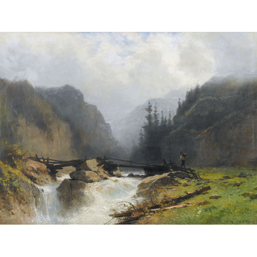 GUSTAVE EUG╘NE CASTAN : Gebirsgbach mit Br�cke und Reisigsammler (DOBIASCHOFSKY AUKTIONEN AG)