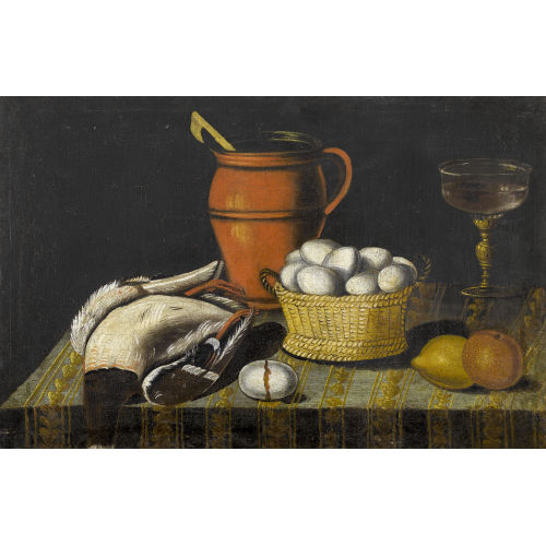 JOHANN MARTIN VEITH : K�chenstillleben mit Ente, Eiern, Glas und Topf (DOBIASCHOFSKY AUKTIONEN AG)