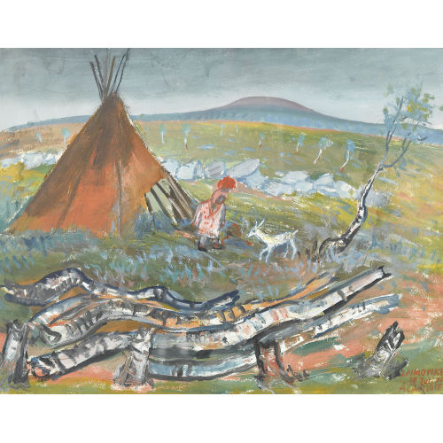 ALOIS CARIGIET : Landschaft mit Zelt und einer Sami in Lappland (DOBIASCHOFSKY AUKTIONEN AG)