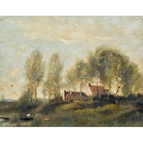 JEAN BAPTISTE CAMILLE COROT : Weite Landschaft mit Boot und Bauernhaus (DOBIASCHOFSKY AUKTIONEN AG)