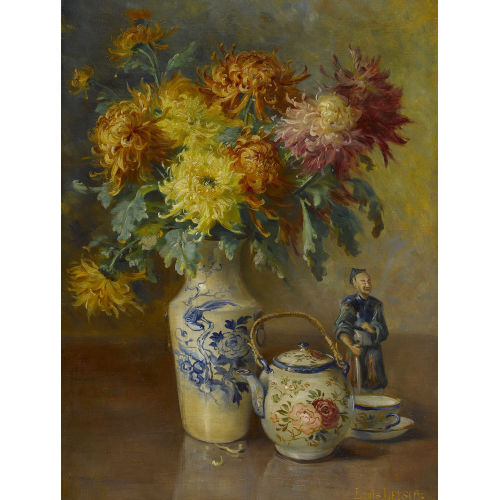 LOUIS LETSCH : Stillleben mit Dahlien, Teekanne und Porzellanfigur (DOBIASCHOFSKY AUKTIONEN AG)