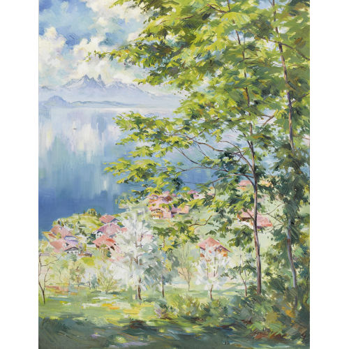 MARCUS JACOBI : Sicht auf den Thunersee mit dem Stockhorn (DOBIASCHOFSKY AUKTIONEN AG)