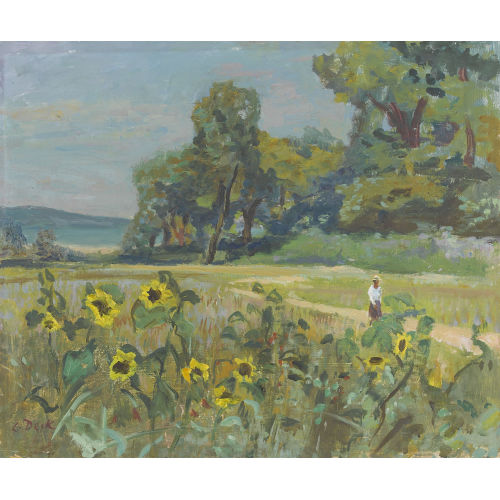 LEO DECK : Sonnenblumenfeld mit Dame (DOBIASCHOFSKY AUKTIONEN AG)