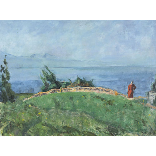 PAUL BASILIUS BARTH : Sommerlandschaft am Genfersee mit Frau in rotem Kleid (DOBIASCHOFSKY AUKTIONEN AG)