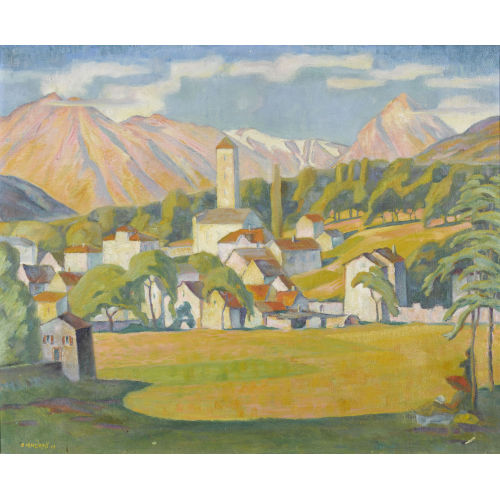 EUGEN HENZIROSS : Sommerliche Berglandschaft mit einem Dorf (DOBIASCHOFSKY AUKTIONEN AG)