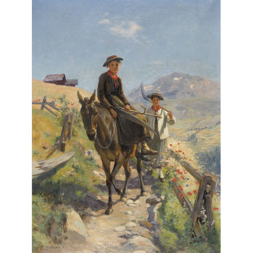 FRITZ-�DOUARD HUGUENIN-LASSAUGUETTE : Zwei Walliser B�uerinnen mit Sensen (DOBIASCHOFSKY AUKTIONEN AG)