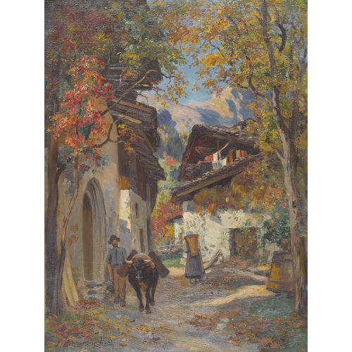 FRITZ-�DOUARD HUGUENIN-LASSAUGUETTE : Herbstliche Walliser Dorfpartie (DOBIASCHOFSKY AUKTIONEN AG)