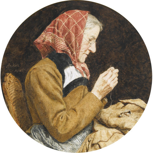 ALBERT ANKER : Sitzende Grossmutter beim Flicken (DOBIASCHOFSKY AUKTIONEN AG)