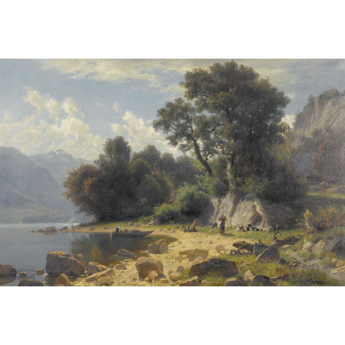 OTTO FR�LICHER : Idyllisches Bergseeufer mit Bauern (DOBIASCHOFSKY AUKTIONEN AG)