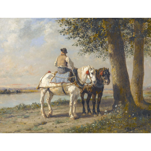 JULES JACQUES VEYRASSAT : Flussuferpartie mit einem Reiter und zwei Pferden (DOBIASCHOFSKY AUKTIONEN AG)