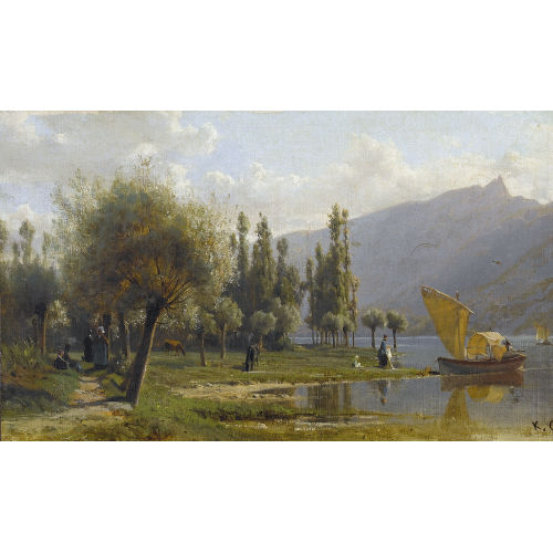 KARL GIRARDET : Belebte sommerliche Seeuferpartie (DOBIASCHOFSKY AUKTIONEN AG)