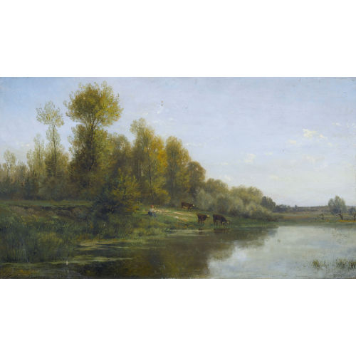 JULES CHARLES ROZIER : Hirtin mit K�hen am sommerlichen Weiher (DOBIASCHOFSKY AUKTIONEN AG)