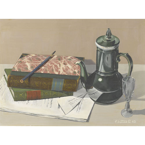 FRITZ BITTERLI : Stillleben mit B�chern, Kanne und Glas (DOBIASCHOFSKY AUKTIONEN AG)