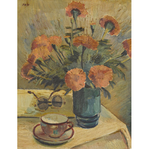 FERNAND RIARD : Stillleben mit Nelken, Brille und Tasse (DOBIASCHOFSKY AUKTIONEN AG)