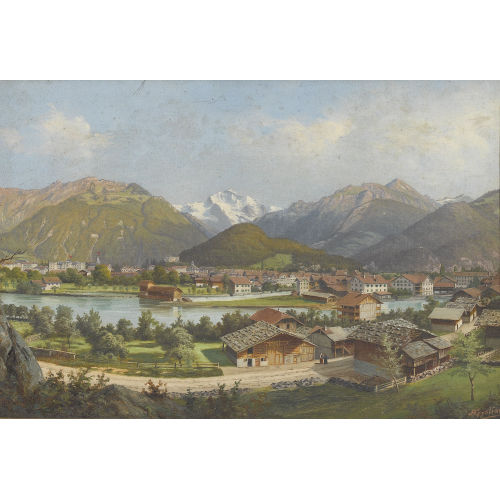 ALBERT GYSLING : Sommerliche Ansicht von Interlaken mit der Jungfrau (DOBIASCHOFSKY AUKTIONEN AG)