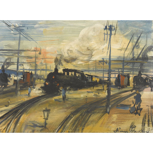 HANS SOPPERA : Bahnhofspartie mit Dampflokomotive (DOBIASCHOFSKY AUKTIONEN AG)