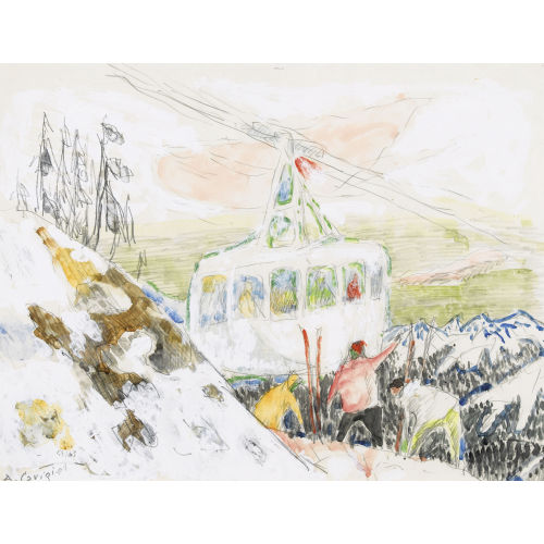 ALOIS CARIGIET : Winterliche Berglandschaft mit Gondel und Skifahrer (DOBIASCHOFSKY AUKTIONEN AG)