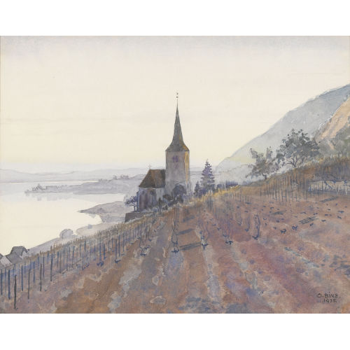 OSKAR BINZ : Herbstlicher Weinberg mit der Ligerzer Kirche am Bielersee (DOBIASCHOFSKY AUKTIONEN AG)