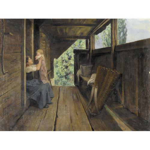HANS BACHMANN : B�uerliche Laube mit Mutter und Kind (DOBIASCHOFSKY AUKTIONEN AG)