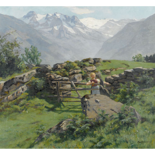 HANS BACHMANN : Junge B�uerin am Alpweg mit Blick auf den Hohen Dachstein (DOBIASCHOFSKY AUKTIONEN AG)