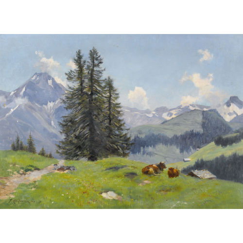 FRITZ-�DOUARD HUGUENIN-LASSAUGUETTE : Weidende K�he bei Adelboden (DOBIASCHOFSKY AUKTIONEN AG)