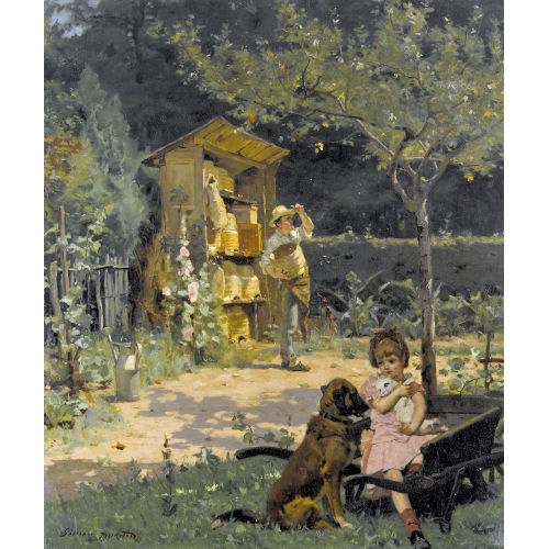 SIMON DURAND : Garten mit Imker und spielendem M�dchen (DOBIASCHOFSKY AUKTIONEN AG)