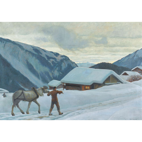 HANS WIDMER : Winterlicher Sonnenaufgang mit Bauer und Pferd im Gebirge (DOBIASCHOFSKY AUKTIONEN AG)