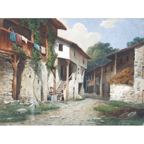 JAKOB JOSEPH ZELGER : Sommerliche Dorfpartie mit Mutter und Kind (DOBIASCHOFSKY AUKTIONEN AG)