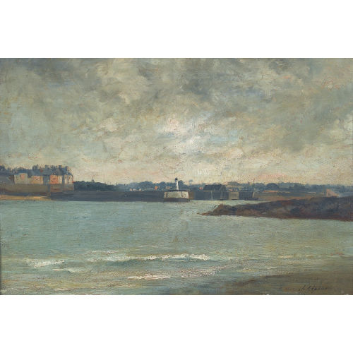 STANISLAS VICTOR �DOUARD L�PINE : K�stenlandschaft mit Hafeneinfahrt und Leuchtturm (DOBIASCHOFSKY AUKTIONEN AG)